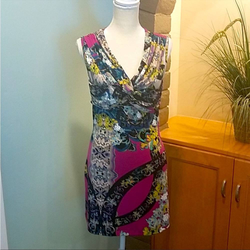 LAURA SCOTT Faux Wrap Sleeveless Dress in Multicolors, Size Medium